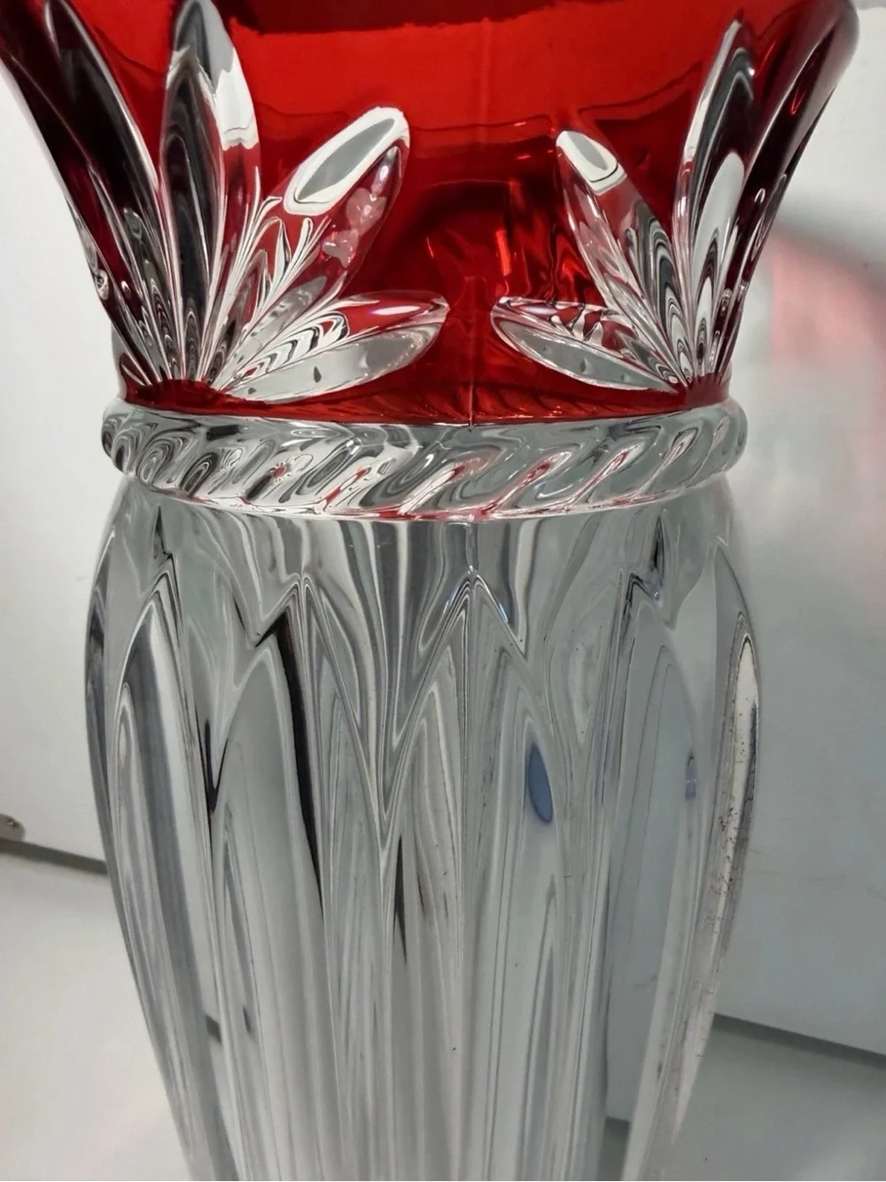 Clear Cut Crystal Vase with Red Rim Accent